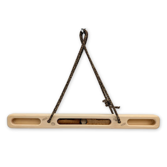 FIKA Pinnbröd, a portable wooden hangboard for climbing. White background. Engraved FIKA logo on light birch wood.