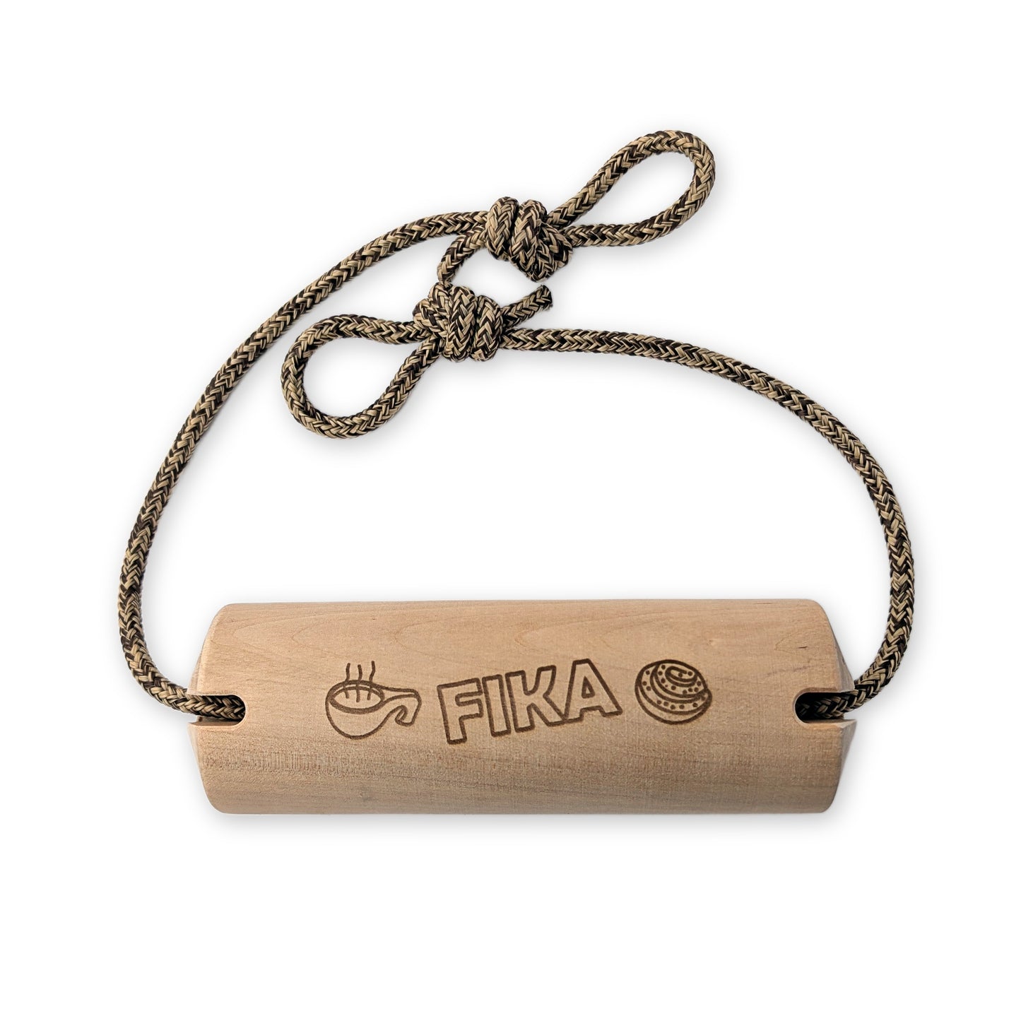 FIKA Rulltårta wooden rolling handle and wrist wrench for grip strength training, front view with engraved logo.